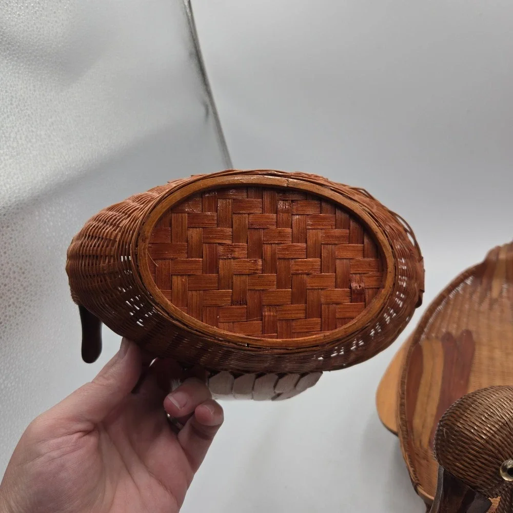 Vtg Goose Duck Baskets Bamboo Rattan Wicker With Handle Cottagecore Boho EUC